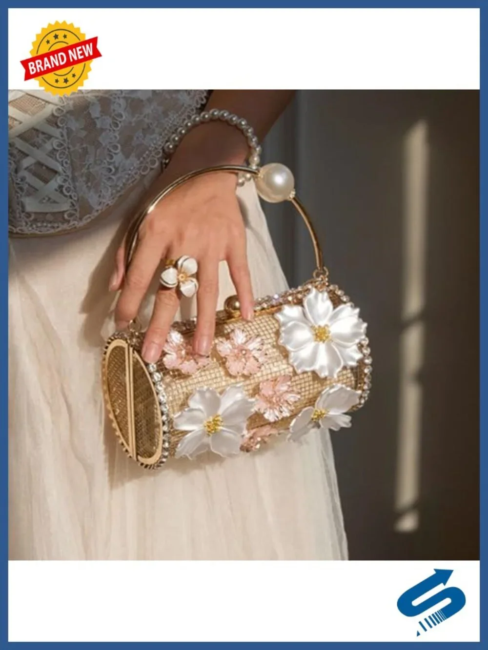 Acrylic Mesh Rhinestone Evening Bag Clutch with Pearl Handle